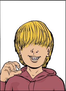 Grinning blond male child in sweatshirt holding tooth