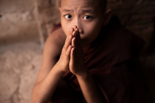 Portrait of young novice monk praying inside ancient Buddhist temple, Bagan, Myanmar.