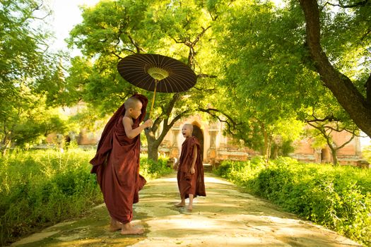 Two little Buddhist novice monks walking outdoors under shade of green tree, outside monastery, Myanmar.