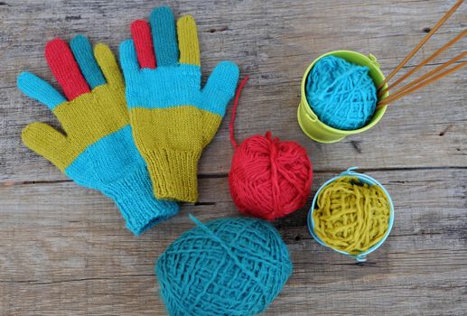 Abstract accessory for cold day in winter, colorful gloves make from leisure hobby in free time, handmade gift for mother day or valentine day