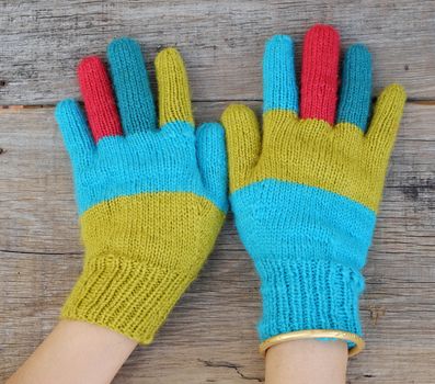 Abstract accessory for cold day in winter, colorful gloves make from leisure hobby in free time, handmade gift for mother day or valentine day