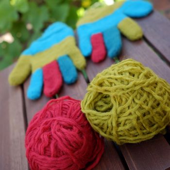 Abstract accessory for cold day in winter, colorful gloves make from leisure hobby in free time, handmade gift for mother day or valentine day