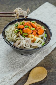 Korean hot spicy noodles with kimchi and seafood