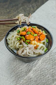 Korean hot spicy noodles with kimchi and seafood