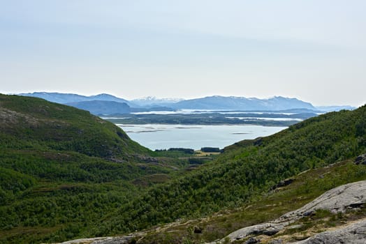 View of Norwegian sea at Helgeland, Norway in summertime.