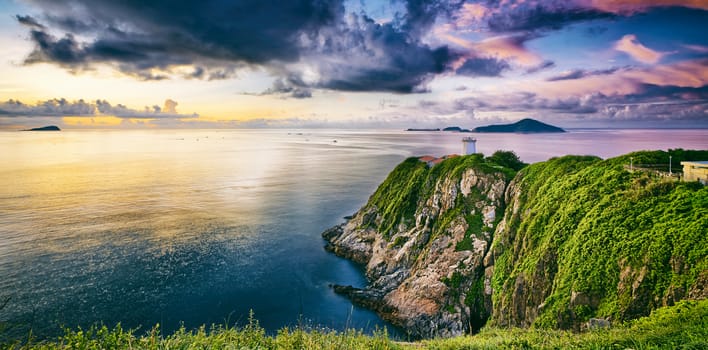 Hong Kong lighthouse during sunrise , Hok Tsui Cape D'Aguilar beautiful landscape