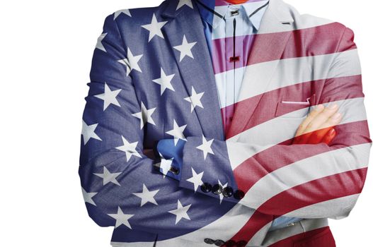 Double Exposure of Businessman with America flag as American Business Hero on fouth of July Concept
