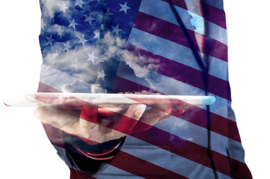Double Exposure of Businessman with Cloud and America Flag as American Election or Politic concept