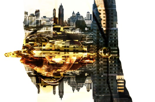 Double Exposure Hand of Businessman and City Building as Digital Business Technology Concept