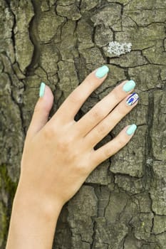 Arm girls with beautiful manicure touches the tree bark