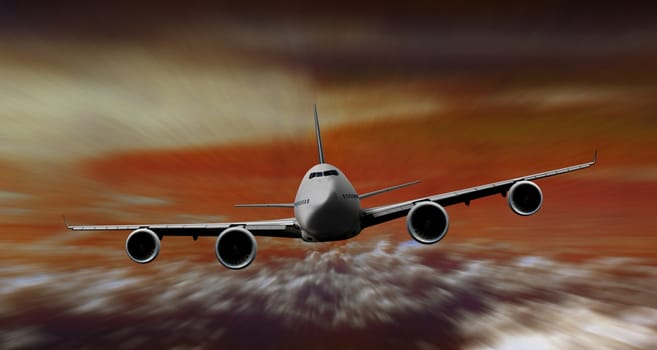 Airplane flying during sunset with motion blur