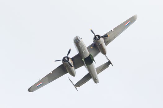 LEEUWARDEN, THE NETHERLANDS - JUNE 10: WW2 B-25 Mitchell bomber in Dutch markings during the Dutch Air Force Open House. June 10, 2016 in Leeuwarden, The Netherlands