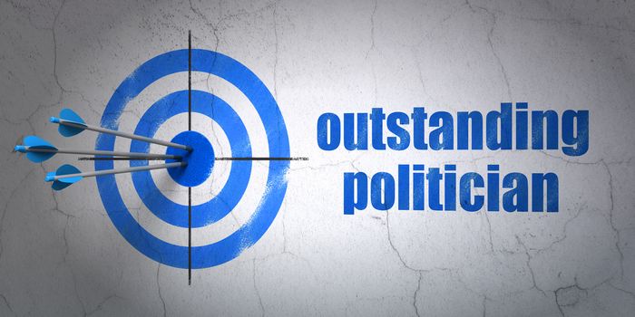 Success politics concept: arrows hitting the center of target, Blue Outstanding Politician on wall background, 3D rendering