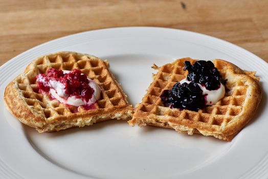 Waffles part whole grain with homemade blueberry and raspberry jam