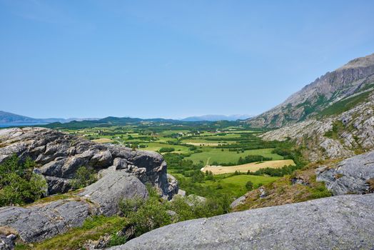 View of a Norwegian countryside in Alstadhaug, Norway.