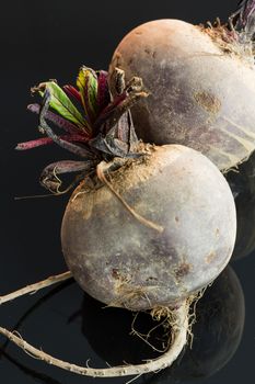 Three farm fresh whole raw beetroot in a close up view on a black surface in a healthy diet or vegetarian concept