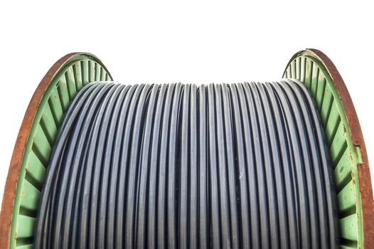 Cable drum with black cables against white background.