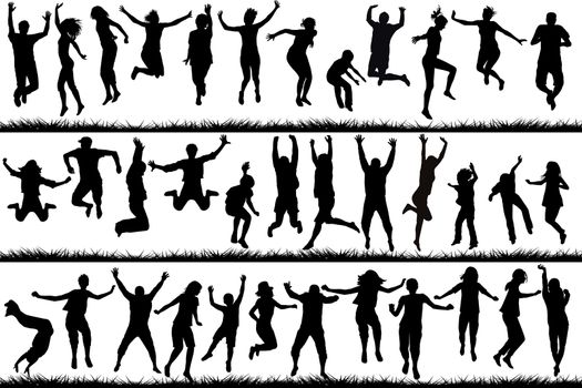 Silhouettes of young people and children jumping