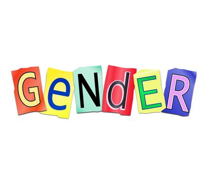 Illustration depicting a set of cut out printed letters arranged to form the word gender.