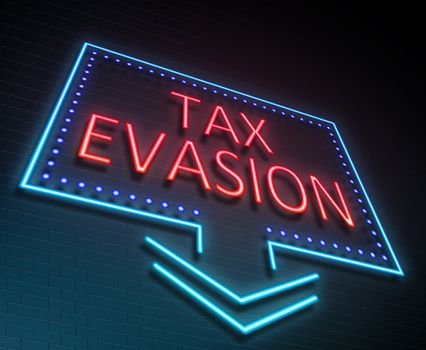 Illustration depicting an illuminated neon sign with a tax evasion concept.