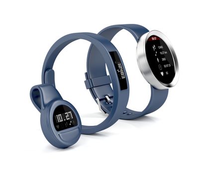 Smartwatch, wristband and clip-on activity trackers on white background