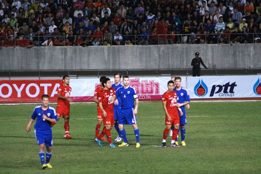 CHIANGMAI THAILAND-JANUARY 19,2013:The 42nd King's cup international football match between Thailand and Finland at 700th Anniversary Stadium in Chiangmai,Thailand. Finland defeat Thailand 3-1 to win.