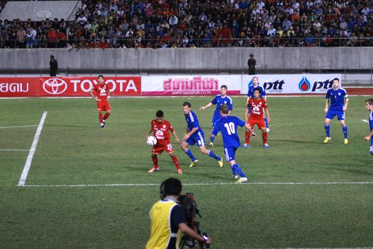 CHIANGMAI THAILAND-JANUARY 19,2013:The 42nd King's cup international football match between Thailand and Finland at 700th Anniversary Stadium in Chiangmai,Thailand. Finland defeat Thailand 3-1 to win.