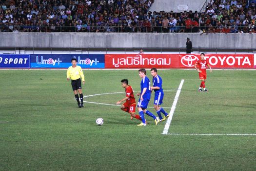 CHIANGMAI THAILAND-JANUARY 19,2013:The 42nd King's cup international football match between Thailand and Finland at 700th Anniversary Stadium in Chiangmai,Thailand. Finland defeat Thailand 3-1 to win.