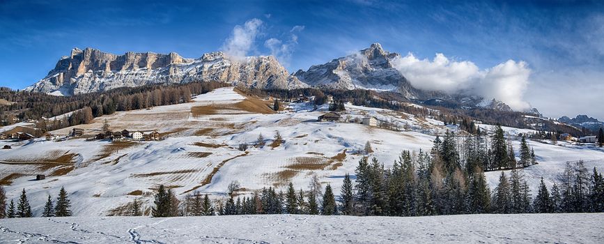 Landscape on the Dolomiti of Alta Badia with first snow of the winter season, Trentino-Alto Adige - Italy