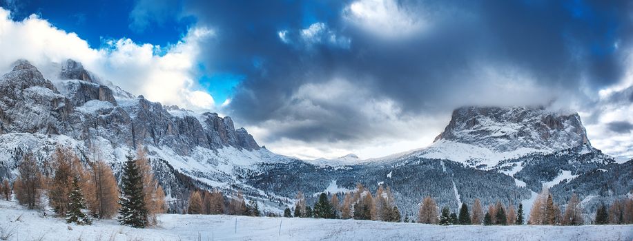 Landscape on the Sella Group and Sassolungo seen from the street of the Sella Pass- Dolomiti, Trentino-Alto Adige