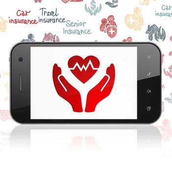 Insurance concept: Smartphone with  red Heart And Palm icon on display,  Hand Drawn Insurance Icons background, 3D rendering
