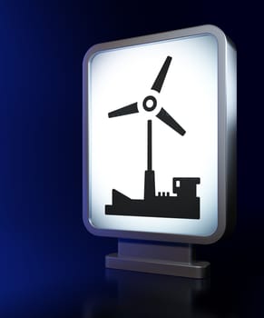 Manufacuring concept: Windmill on advertising billboard background, 3D rendering