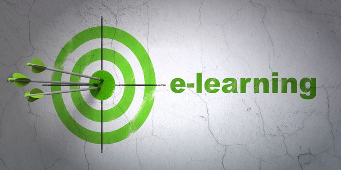 Success Studying concept: arrows hitting the center of target, Green E-learning on wall background, 3D rendering