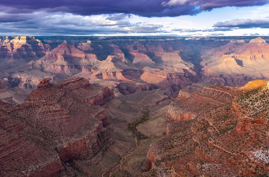 Grand Canyon at the sunset seen from the very edge, at Grand Canyon Village in Arizona.