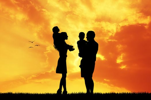 parents with children at sunset