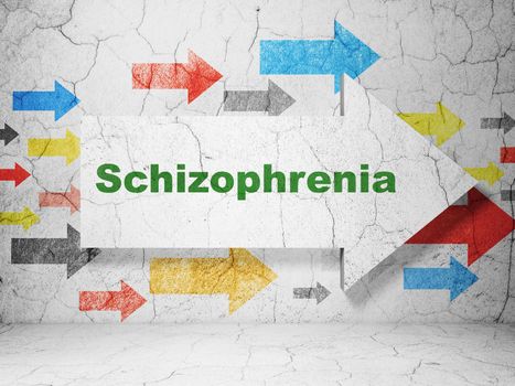 Healthcare concept:  arrow with Schizophrenia on grunge textured concrete wall background, 3D rendering