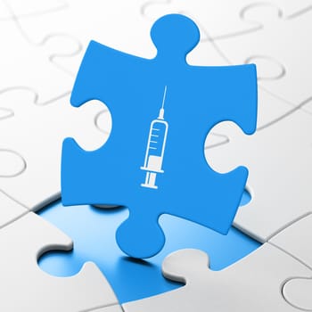 Medicine concept: Syringe on Blue puzzle pieces background, 3D rendering