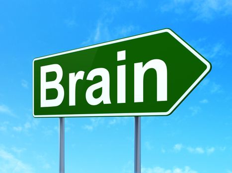 Medicine concept: Brain on green road highway sign, clear blue sky background, 3D rendering