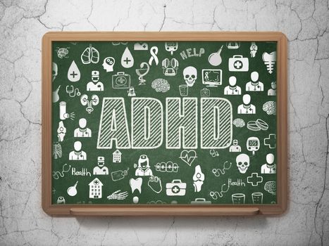 Healthcare concept: Chalk White text ADHD on School board background with  Hand Drawn Medicine Icons, 3D Rendering