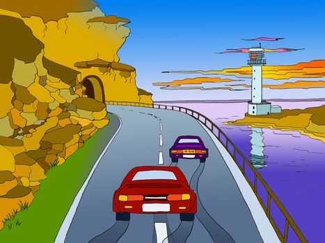 Digital Painting, Illustration of the Two Cars Driving Through Mountain Tunnel Near the Sea with Lighthouse on background. Cartoon Style Character, Fairy Tale Story Background.  Panorama view.