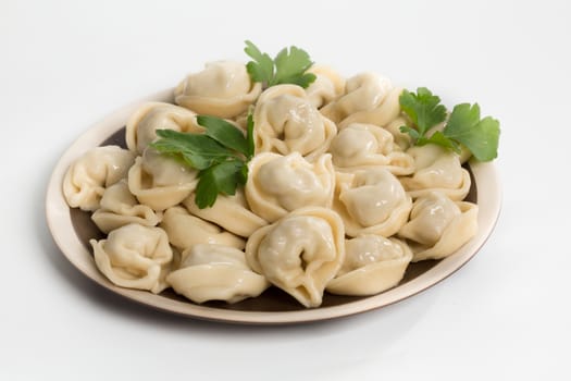 Boiled prepared homemade russian dumplings or pelmeni with beef meat on the plate