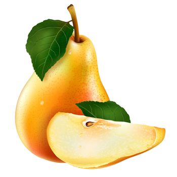 Pear with leaves. Isolated illustration on white background.