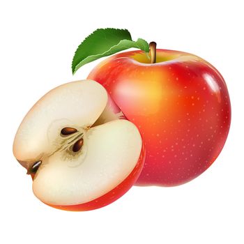 Red apple with leaves. Isolated illustration on white background.