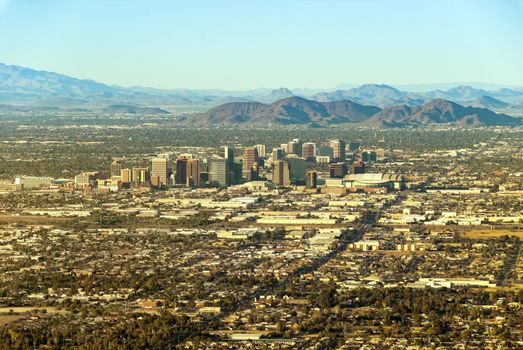 Downtown Phoenix, Arizona, with surrounding area, seen from south-east during the day.