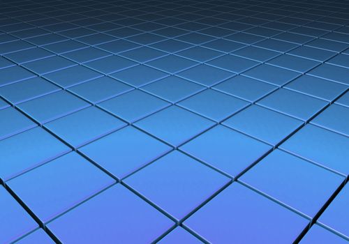 Blue metallic reflective surface comprised of cubes in a grid pattern