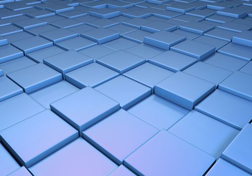 Field of reflective metallic blue tiles at different heights