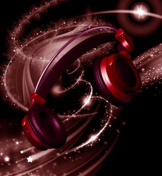 Realistic headphones with stars dust at black background