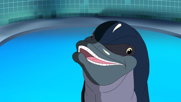 Smiling dolphin is waiting for the children in the dolphinarium. Digital painting  cartoon style full color illustration.