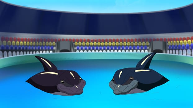 Two Smiling Dolphins in a Dolphinarium waiting for the children in the early morning. Digital painting  cartoon style full color illustration.