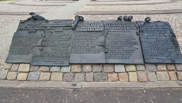 Gdansk-Poland June-2016. Memorial of the fallen Shipyards workers in 1970 in four different languages.